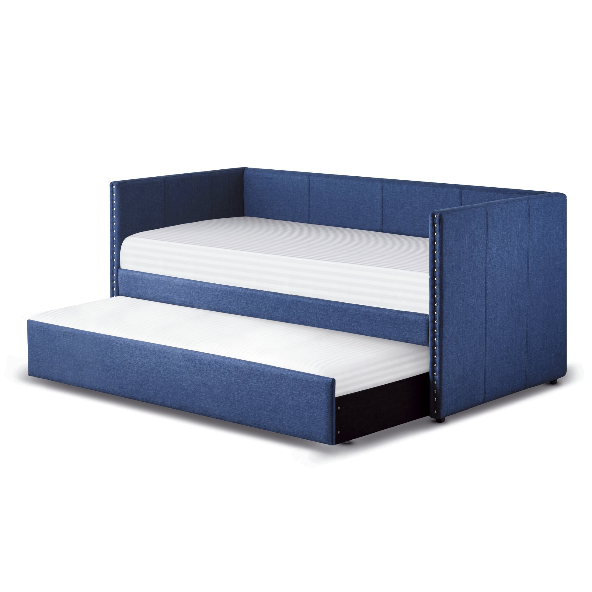 Blue upholstered daybed with pullout trundle featuring silver nailhead trim