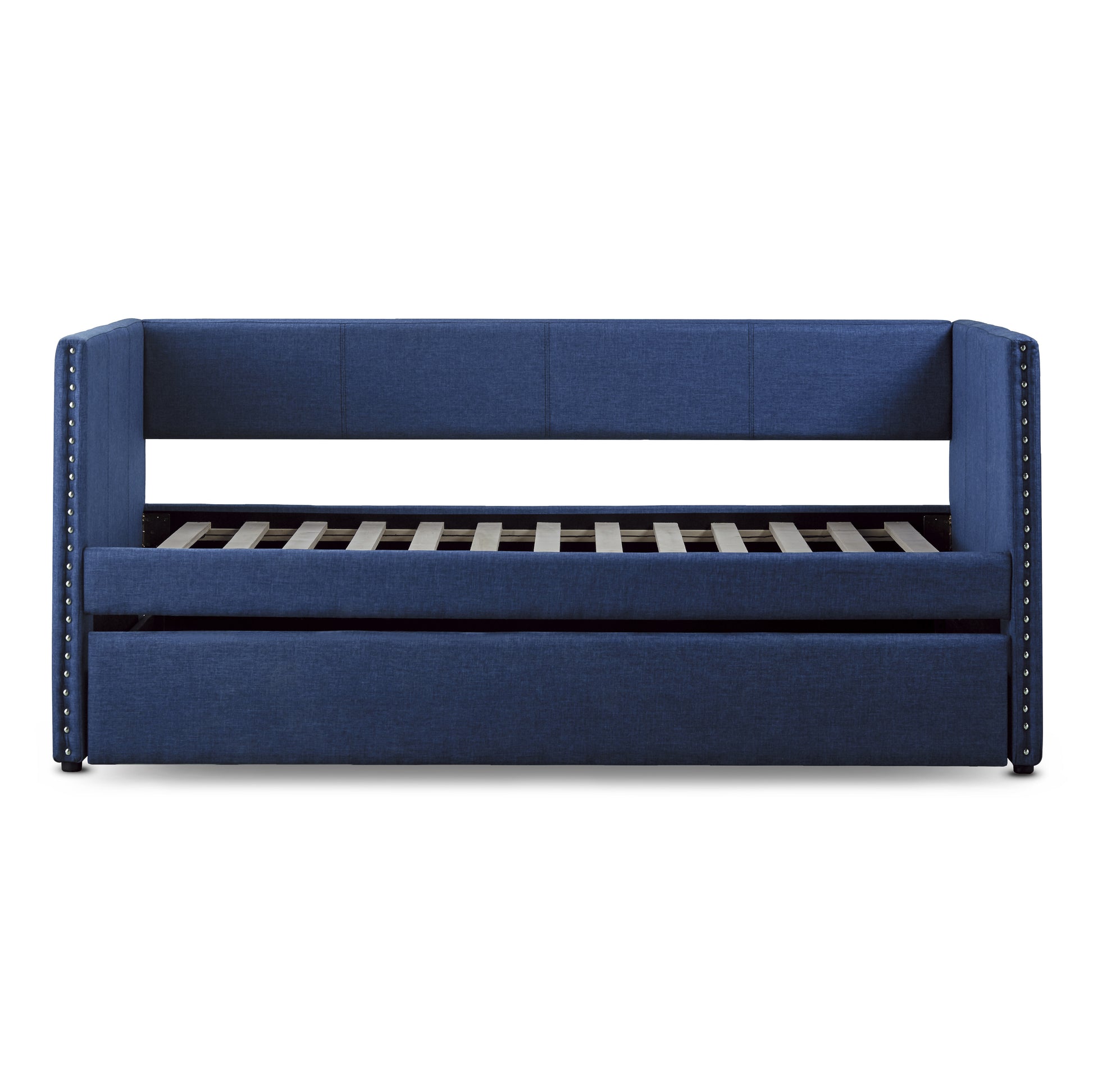 Navy blue upholstered daybed with studded arms and slatted mattress support
