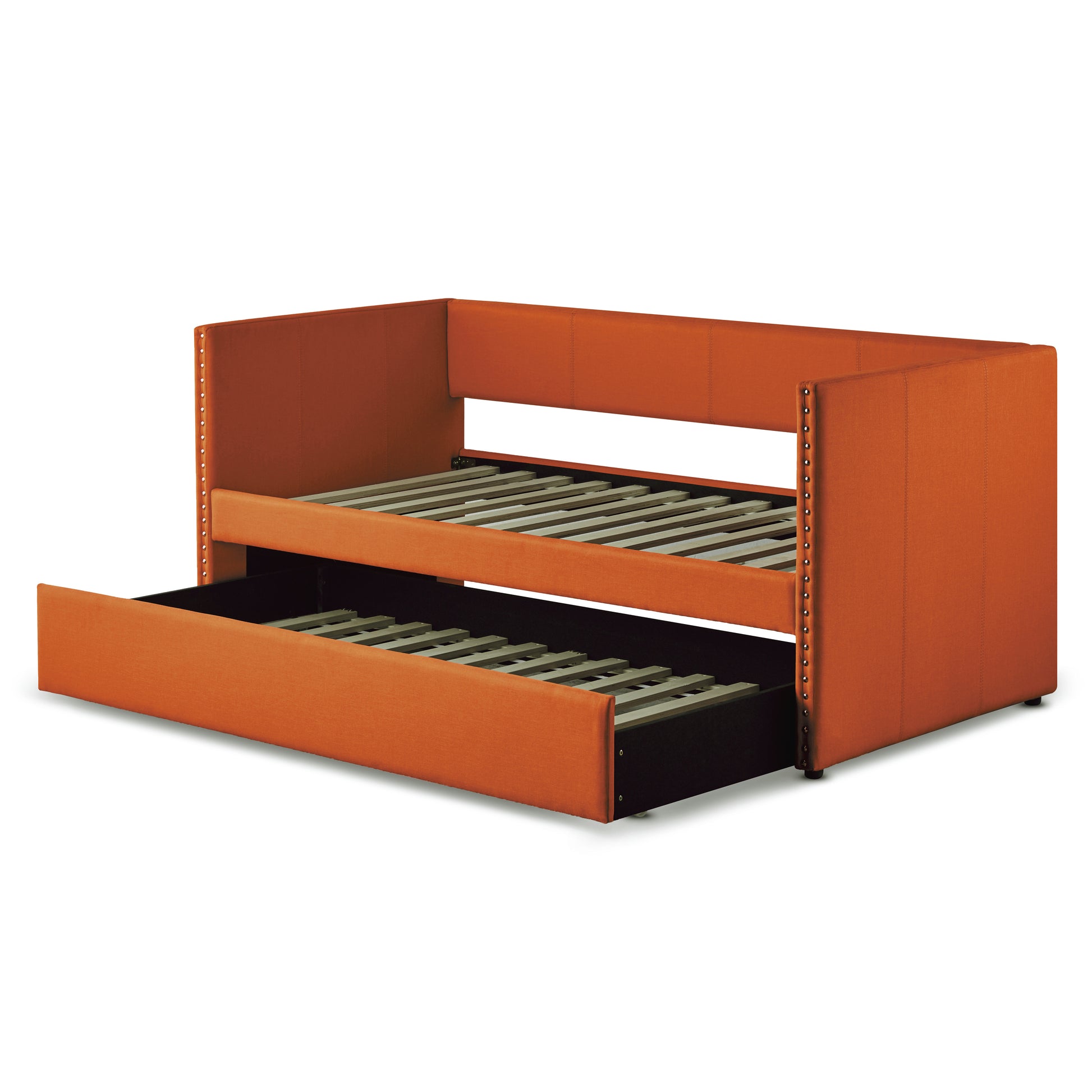 Orange fabric upholstered daybed with pullout trundle nailhead trim detail