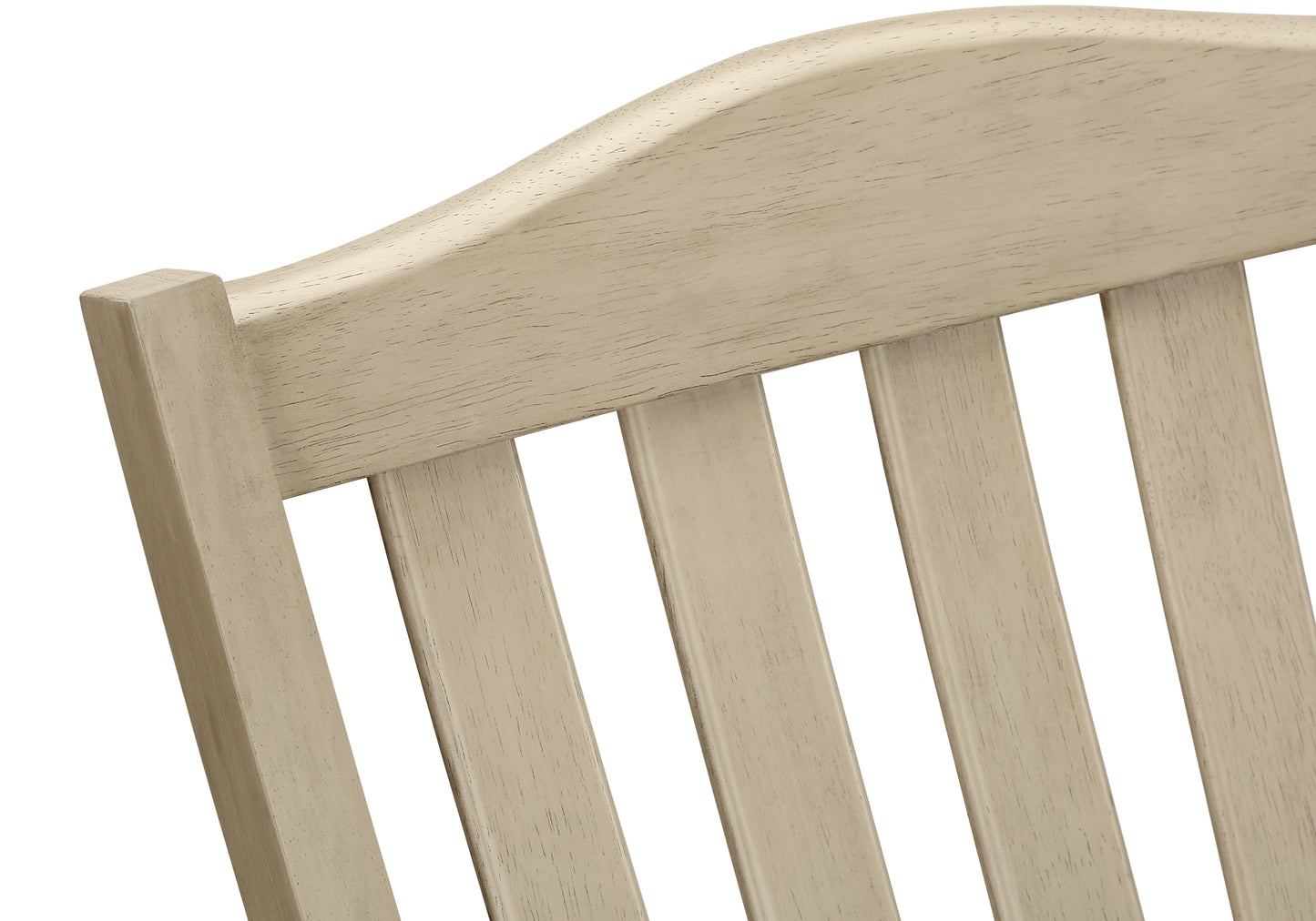 Closeup of a distressed beige wooden chair back with vertical slats
