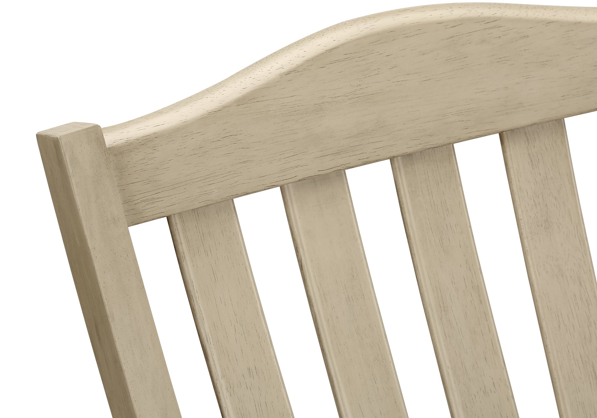 Closeup of a distressed beige wooden chair back with vertical slats