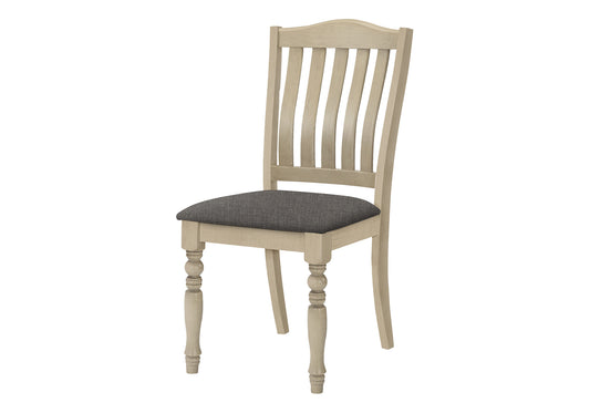 Light oak dining chair with curved slatted back and dark grey upholstered seat