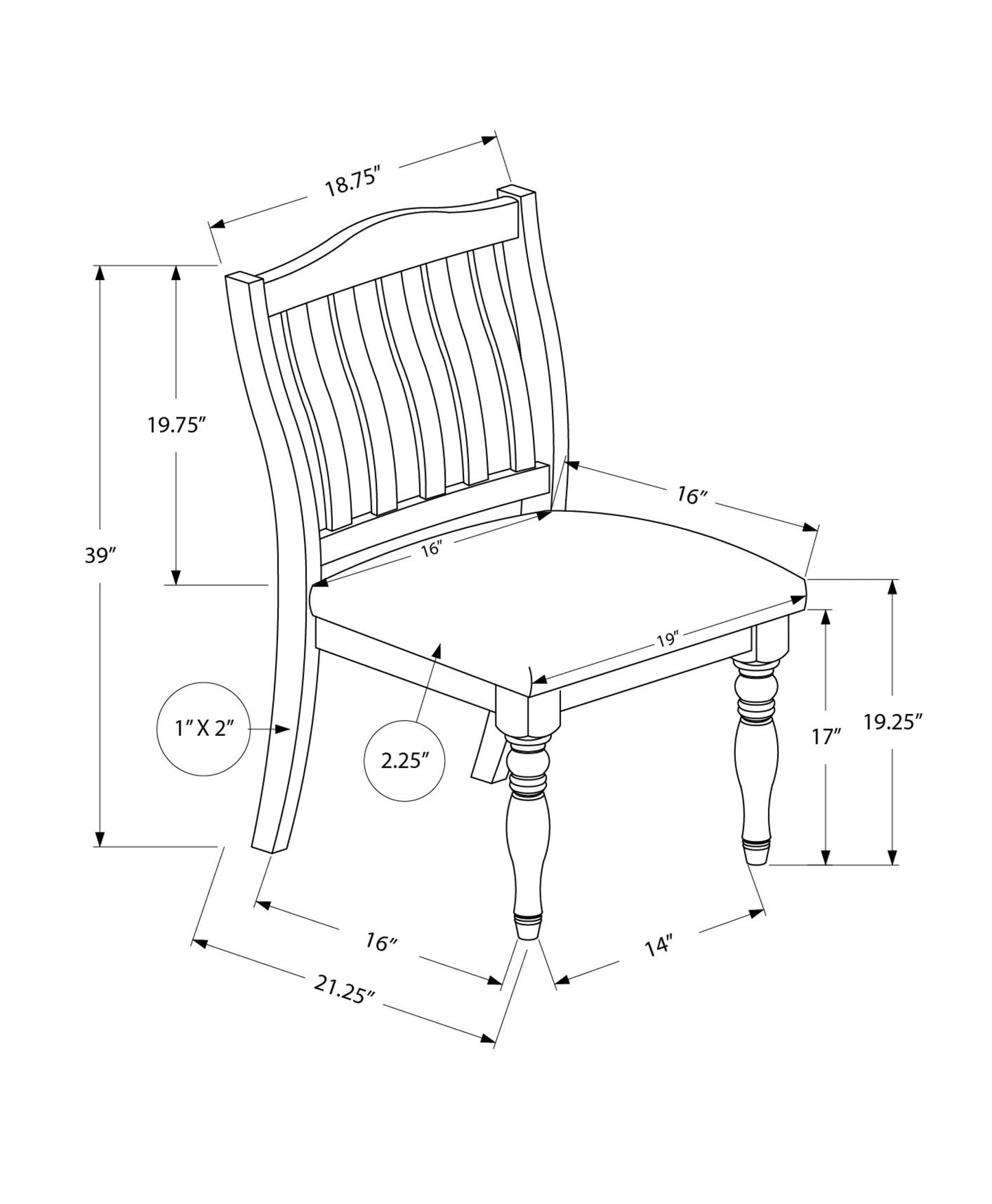 Detailed diagram of a wooden dining chair with dimensions for seat and height