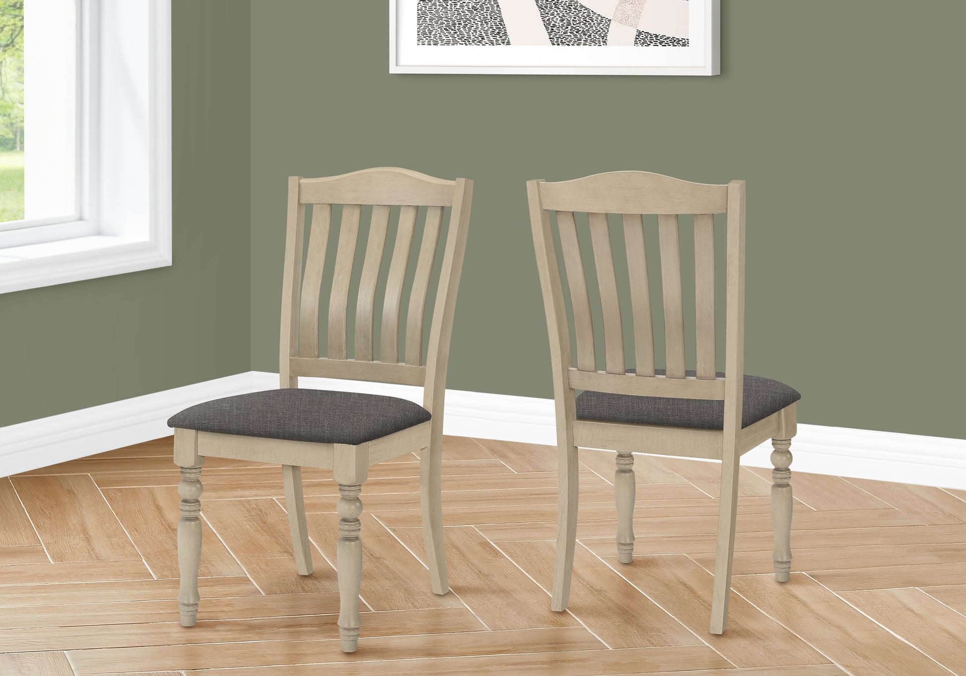 Light oak dining chair with upholstered dark grey seat classic spindle back design