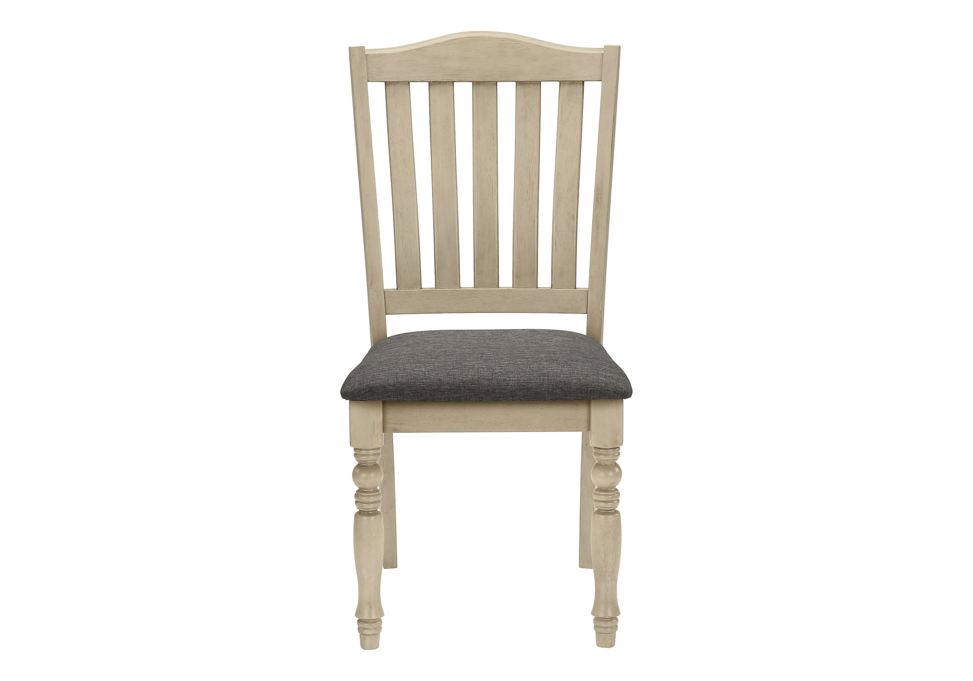 Farmhouse dining chair with light oak finish and grey upholstered seat