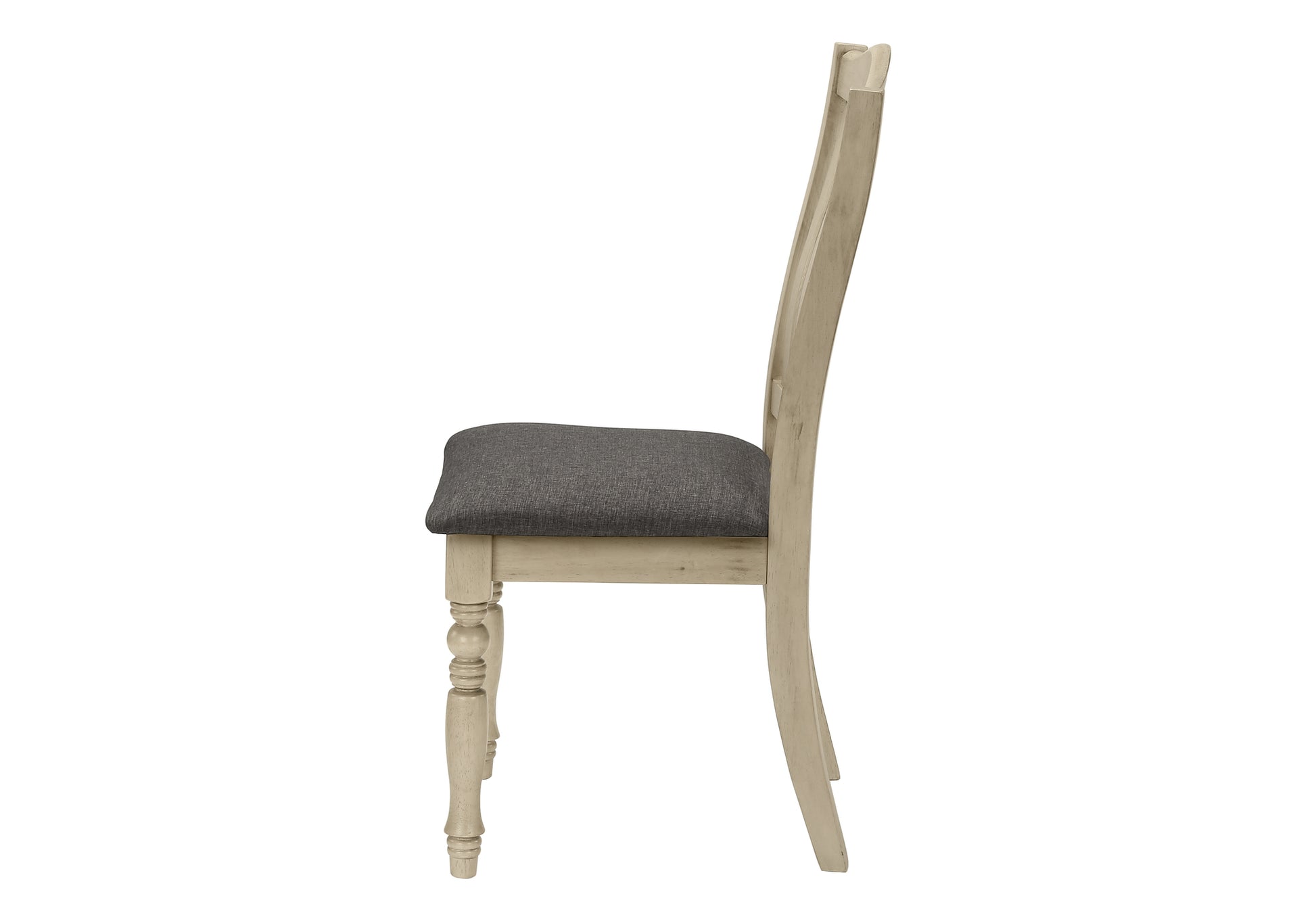 Antique white dining chair with dark gray upholstered seat and turned legs