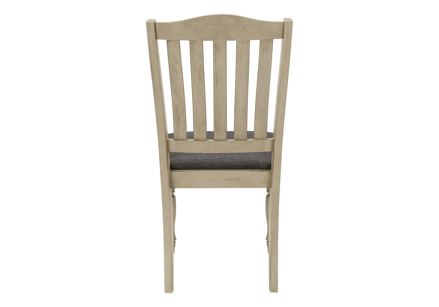 Rustic distressed wood dining chair with upholstered grey seat