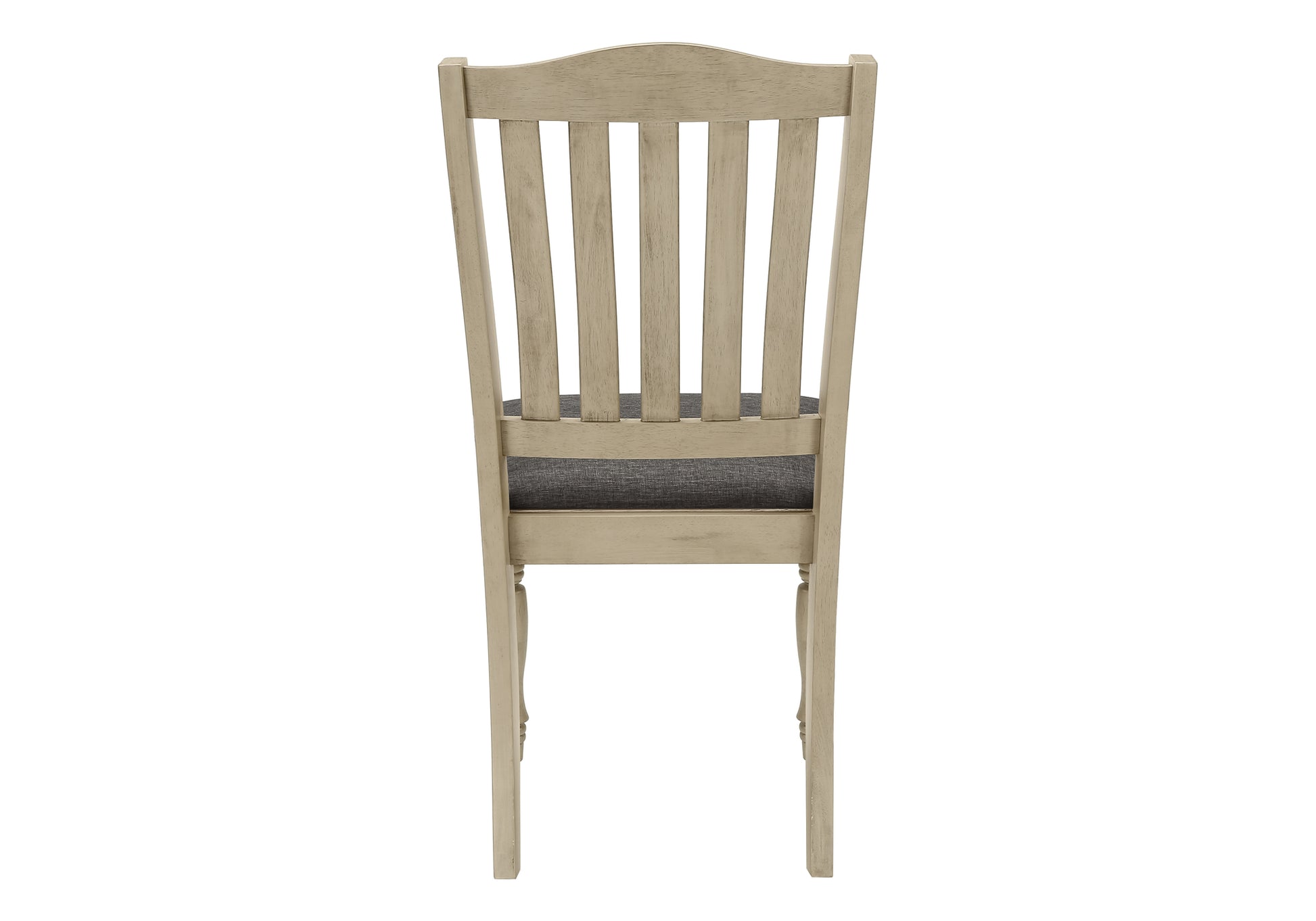 Rustic distressed wood dining chair with upholstered grey seat