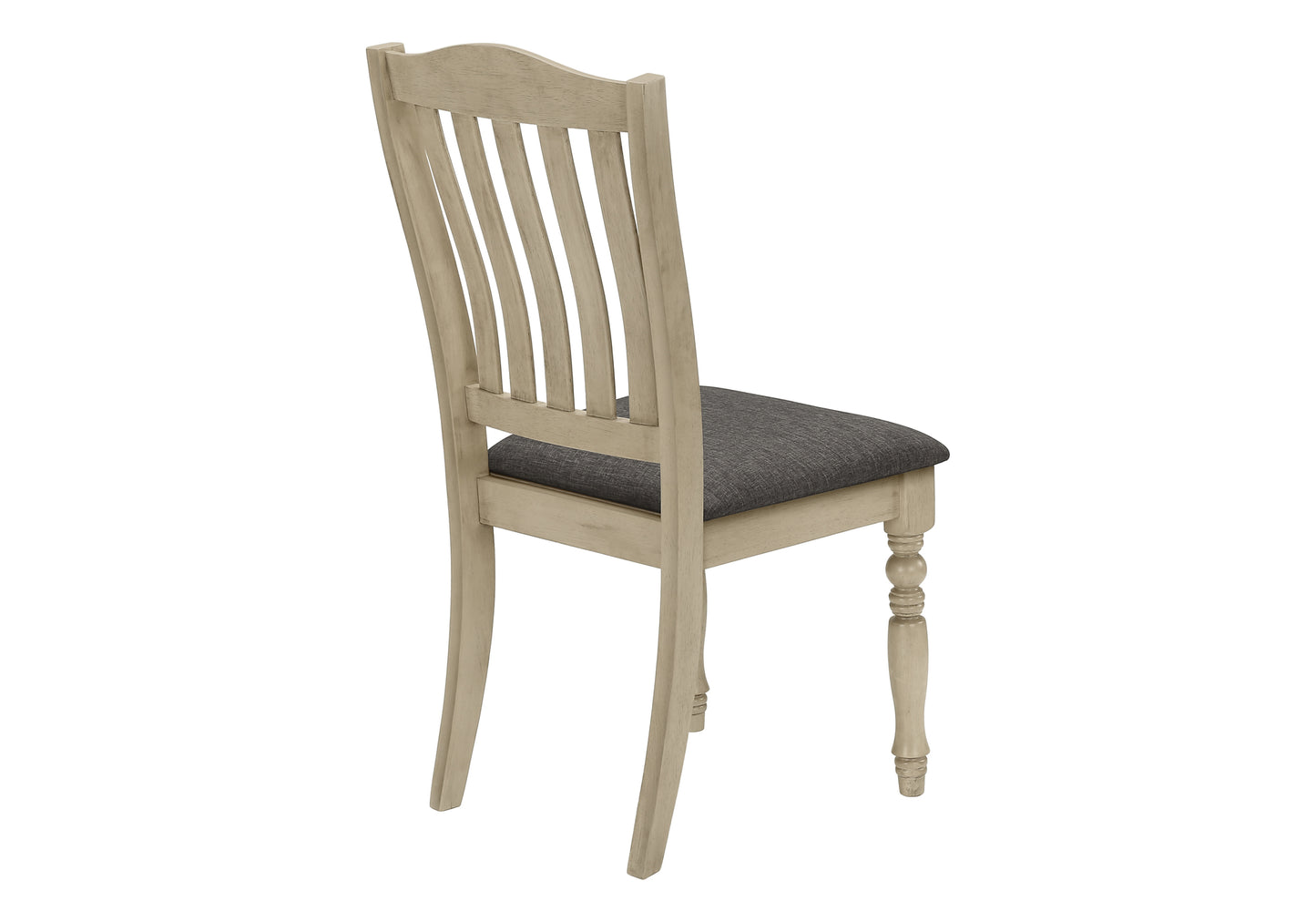 Light oak dining chair with a slatted back and dark grey upholstered seat