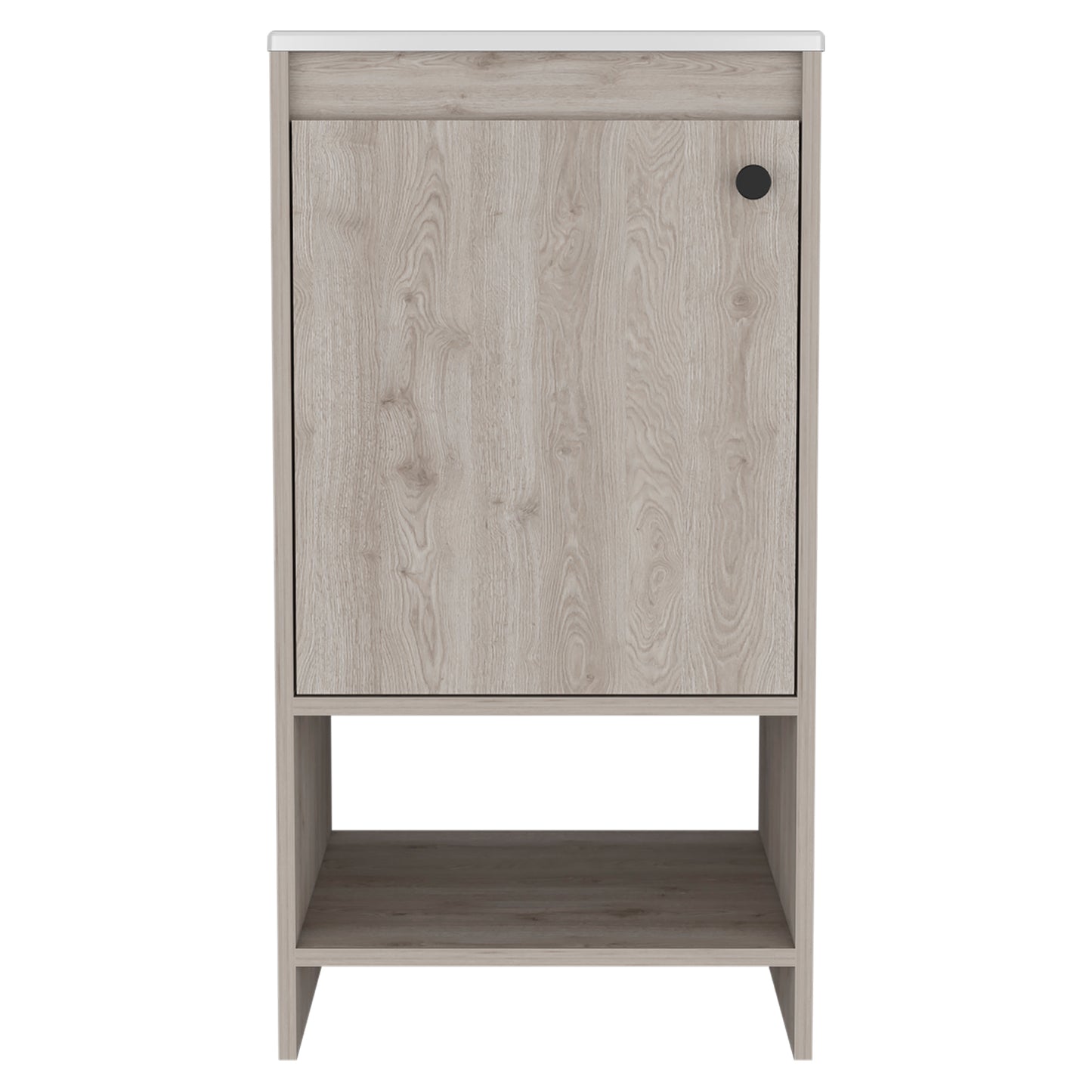 Modern grey wood vanity cabinet with one door and open shelving