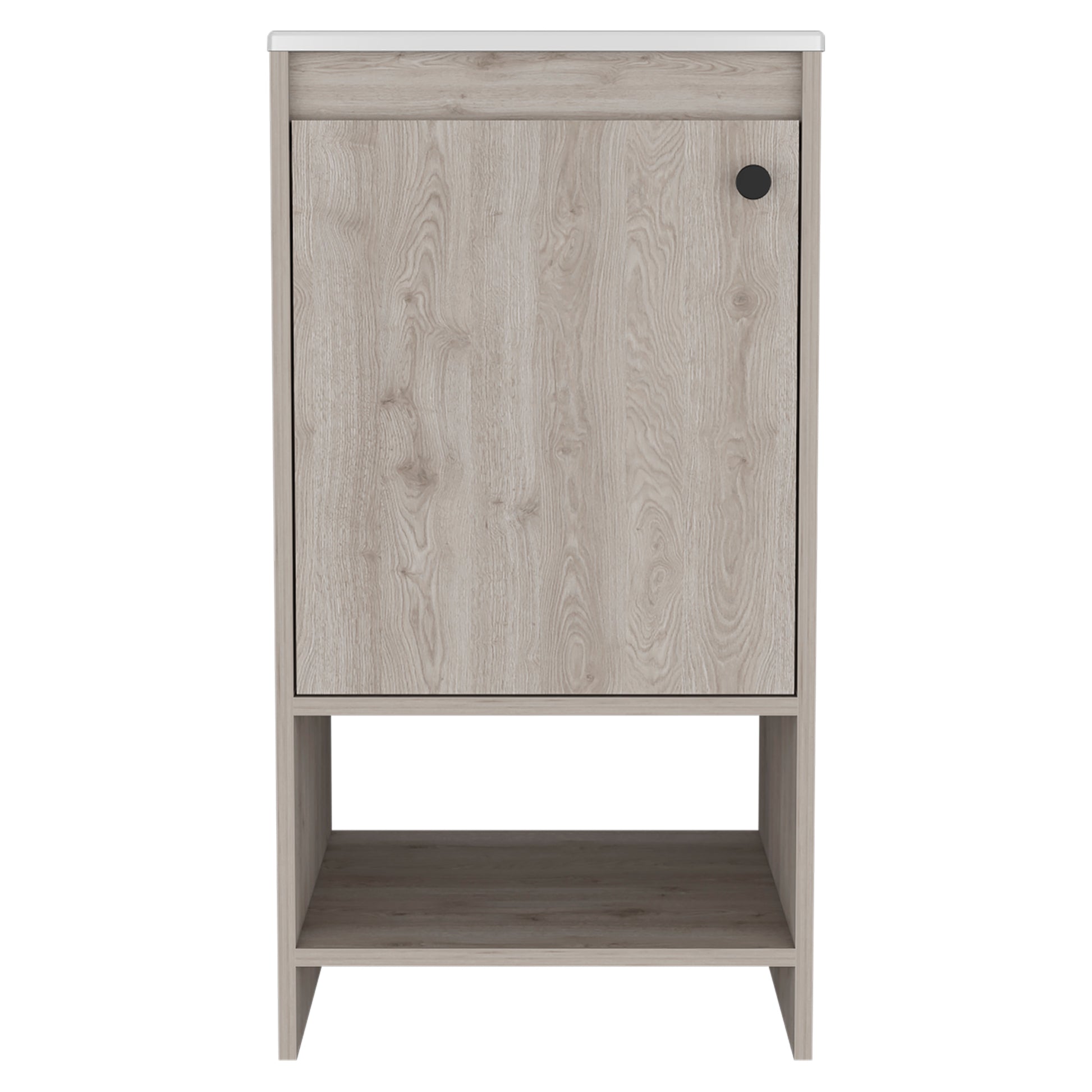 Modern grey wood vanity cabinet with one door and open shelving