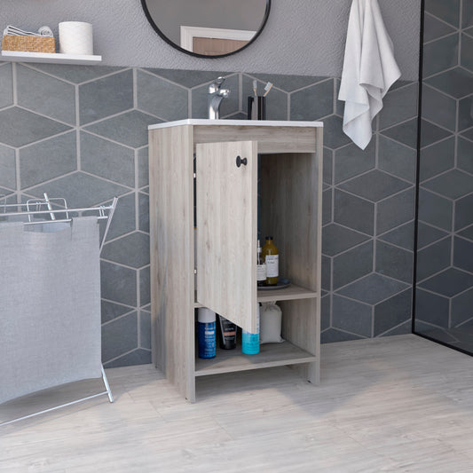 Light oak bathroom vanity with white countertop and black knob