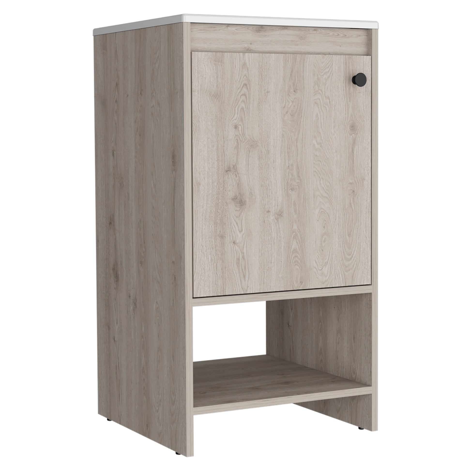 Light wood finish tall bathroom vanity with black knob