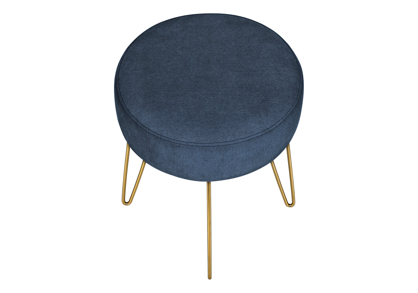 Round navy blue fabric ottoman with gold hairpin legs a modern accent furniture piece