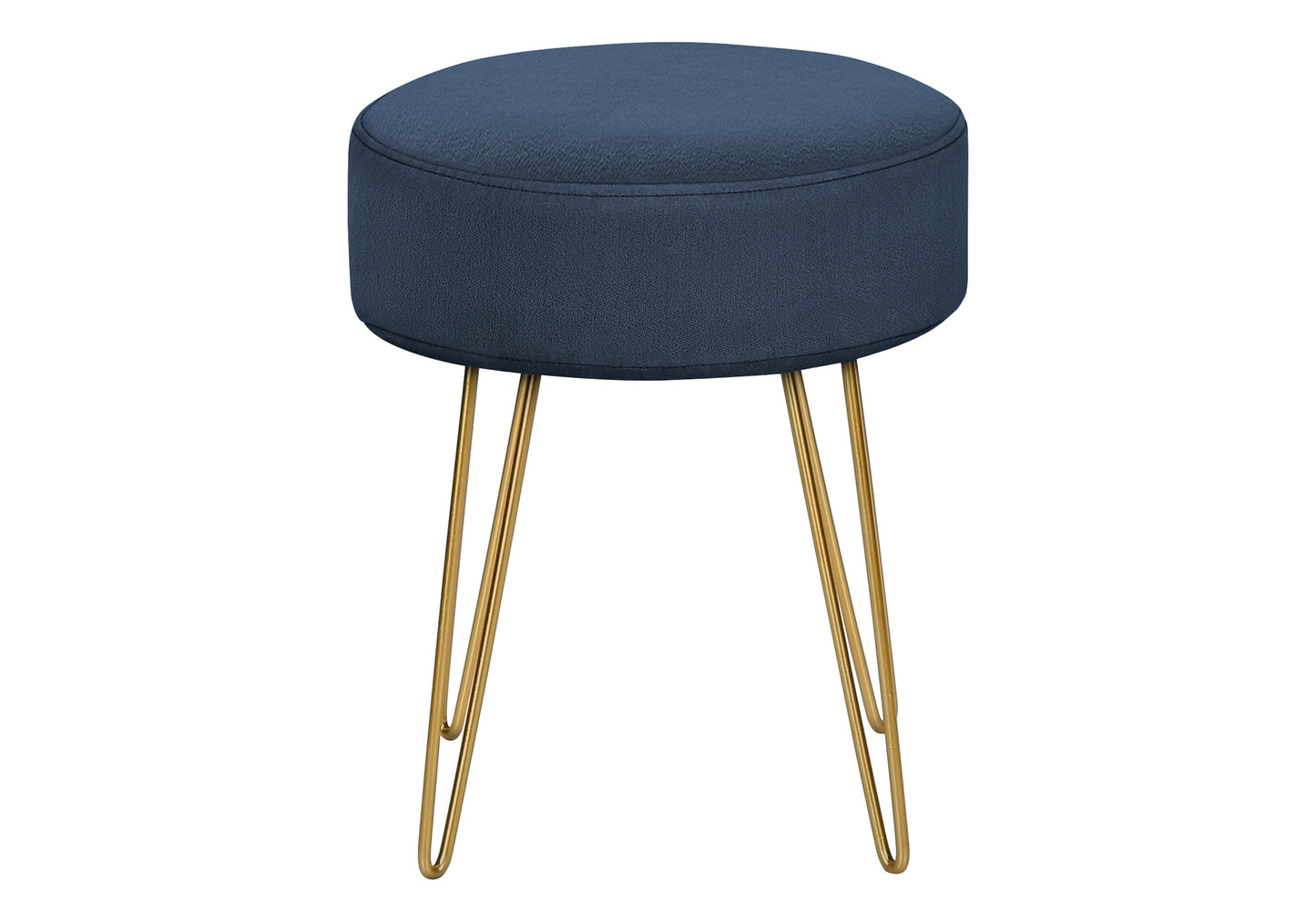 Dark blue fabric stool with elegant gold hairpin legs perfect for modern vanity tables