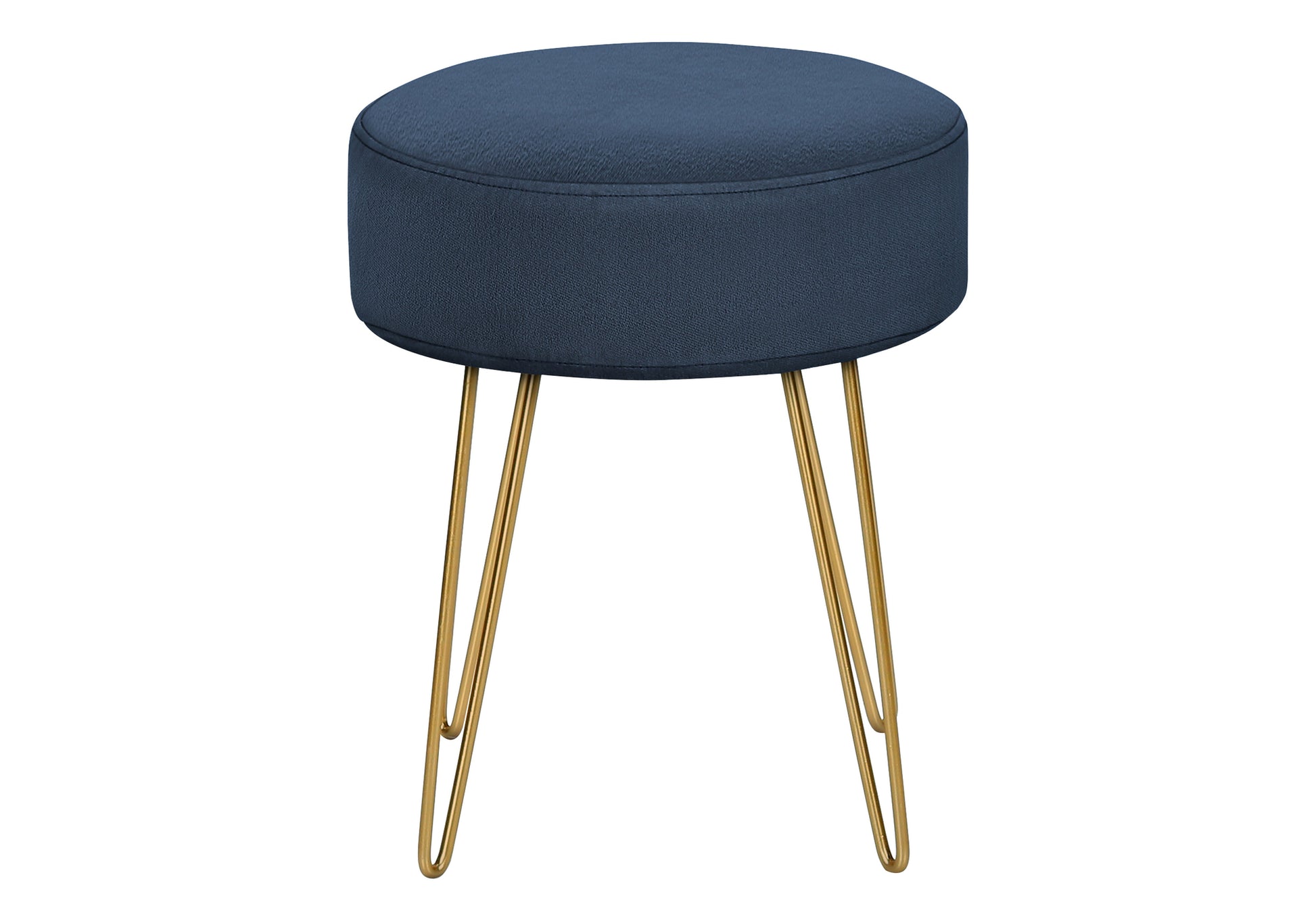 Dark blue fabric stool with elegant gold hairpin legs perfect for modern vanity tables