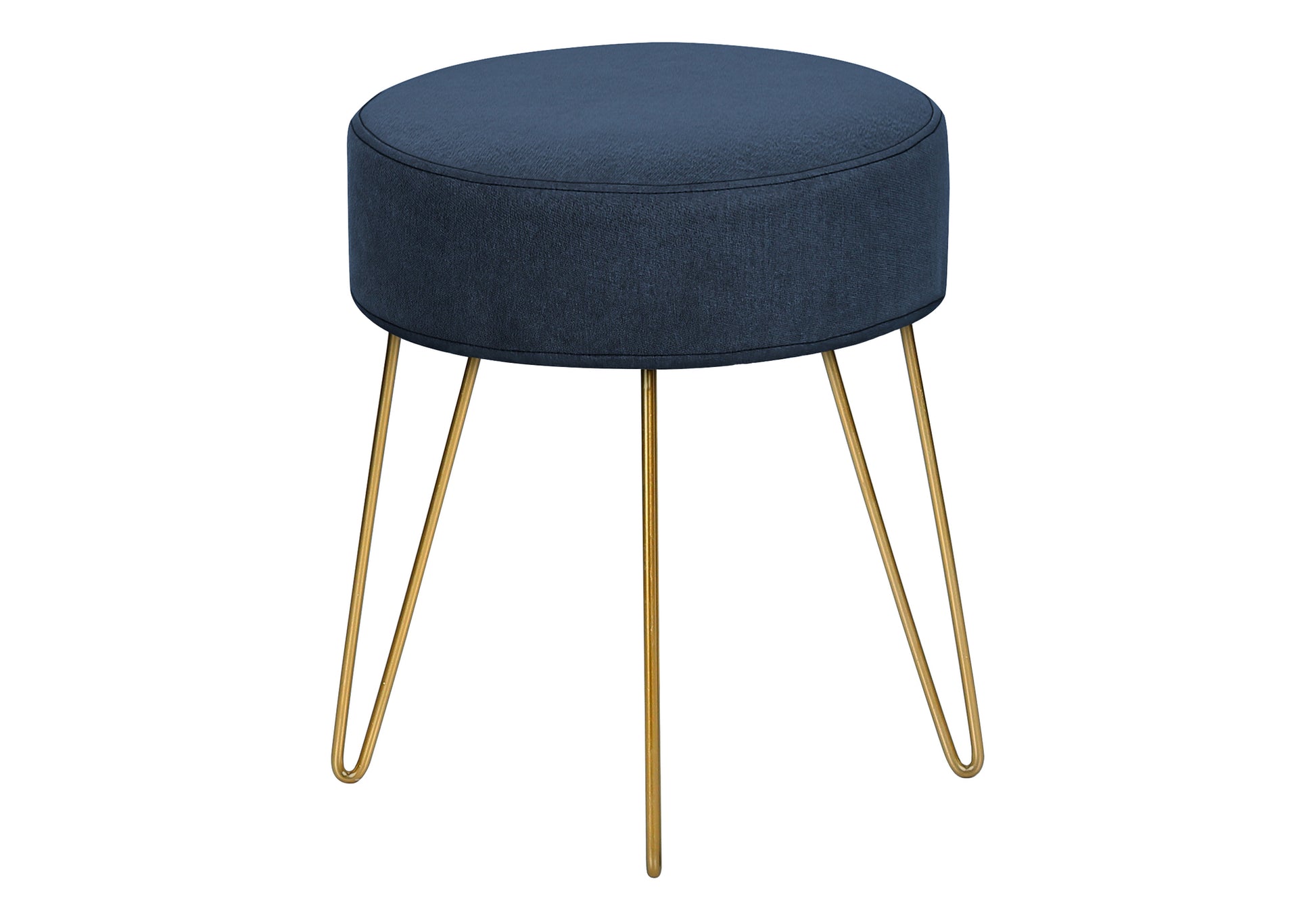 Round navy blue upholstered stool with gold hairpin legs for modern accent seating