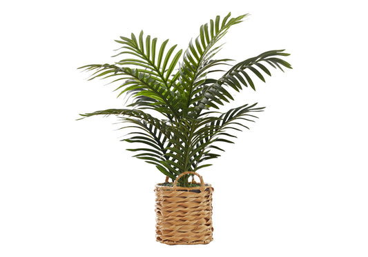 Tall artificial palm plant with lush green fronds in a woven basket planter