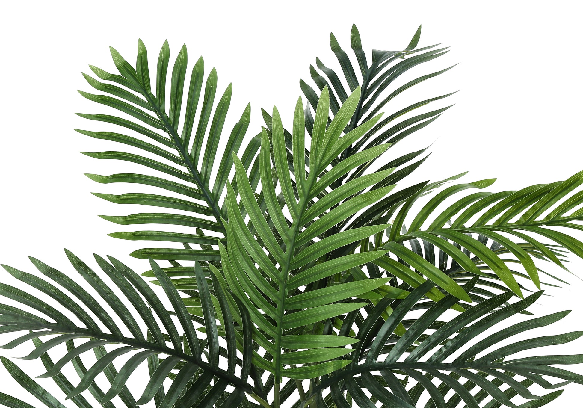 Closeup of lush green artificial palm leaves with a tropical feel