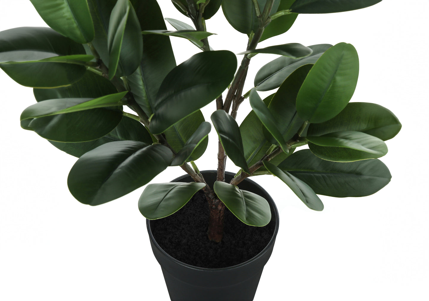 Closeup of a lush green artificial Ficus plant in a black pot