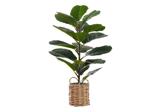 Tall artificial fiddle leaf fig tree with large dark green leaves in a woven basket planter