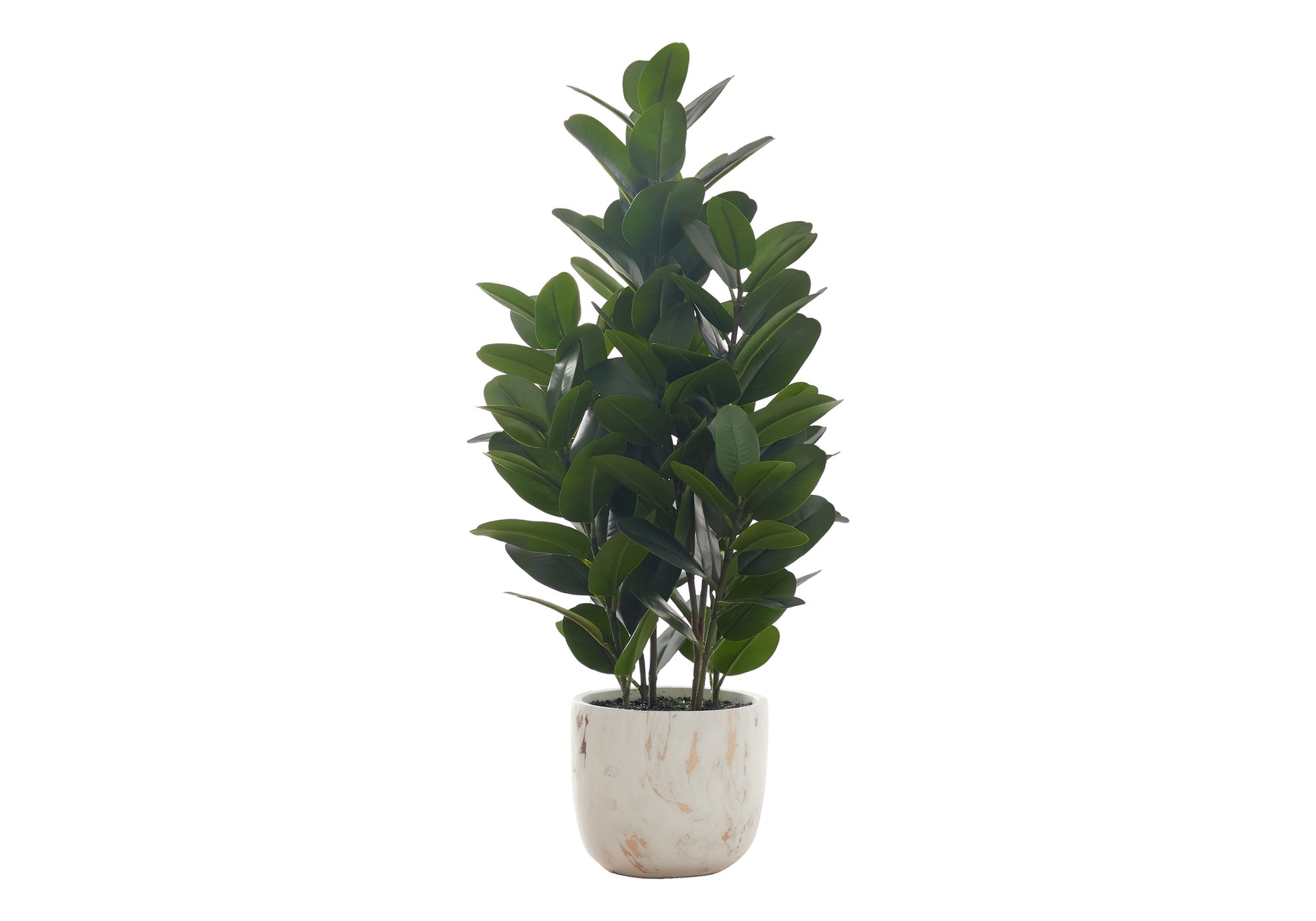 Tall artificial ficus tree with glossy dark green leaves in a marbled white and gold planter