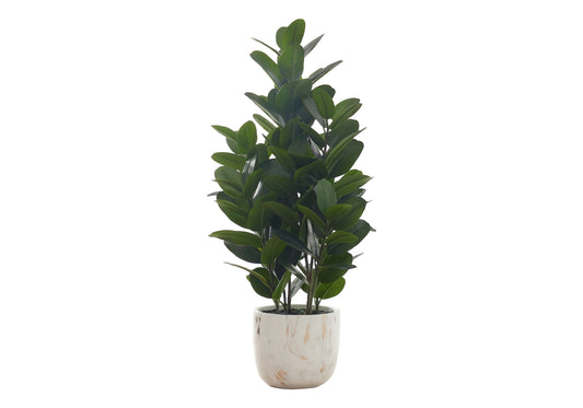Tall artificial ficus tree with glossy dark green leaves in a marbled white and gold planter