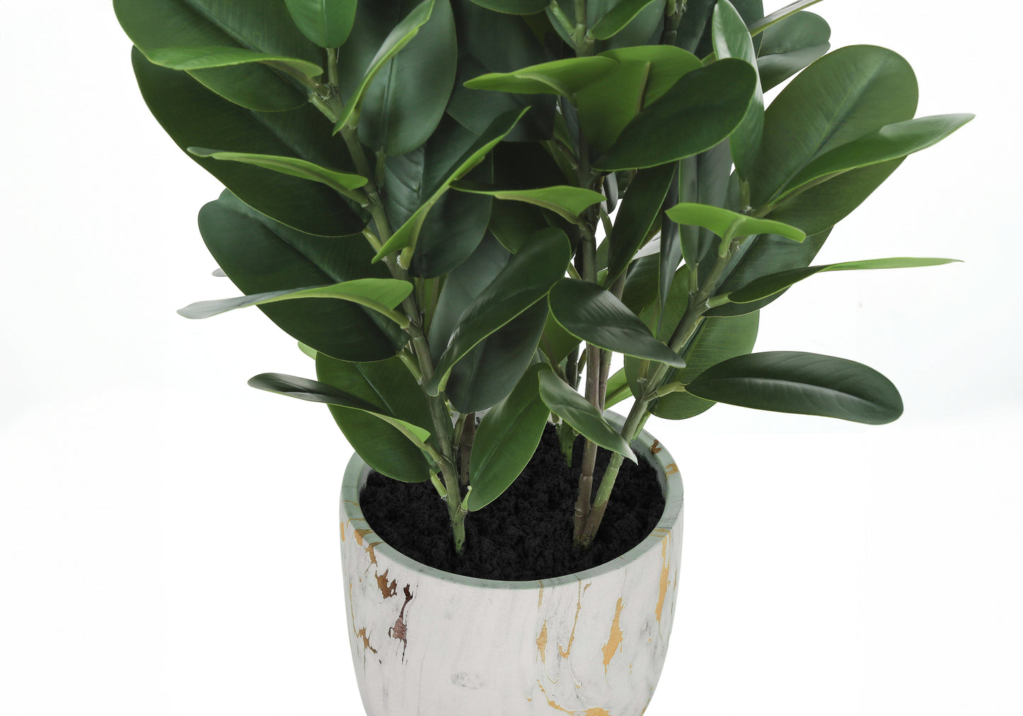 Realistic faux rubber plant with glossy dark green leaves in a textured white and gold pot