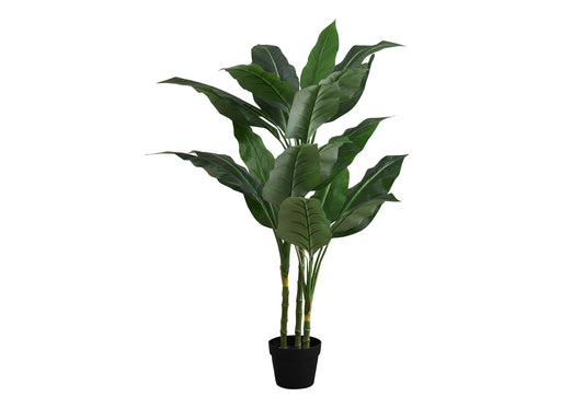 Tall artificial Bird of Paradise plant in a black pot with lush green leaves