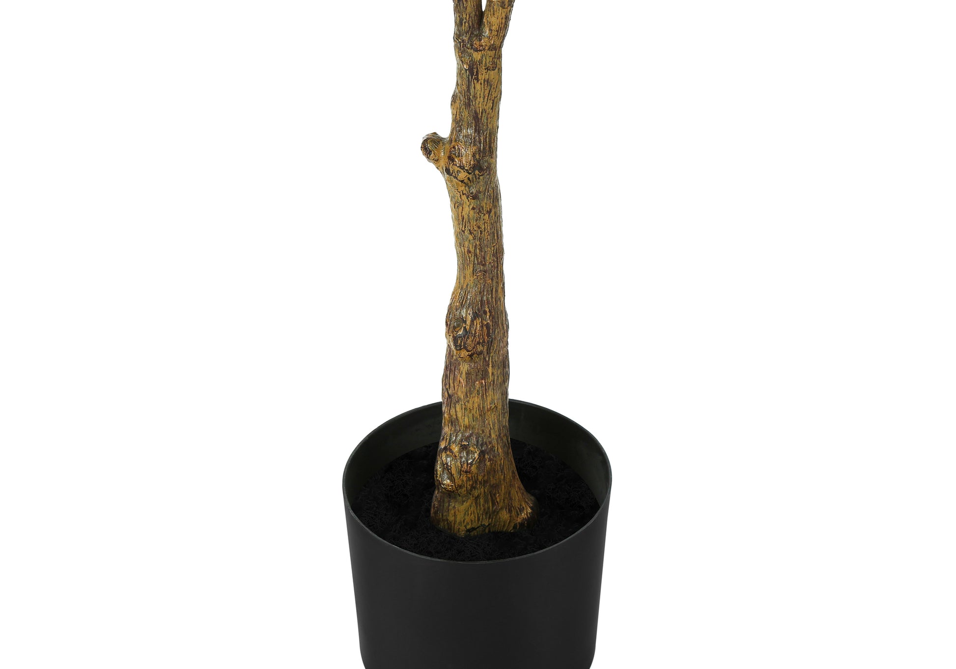 Realistic artificial plant trunk with textured bark in a black pot