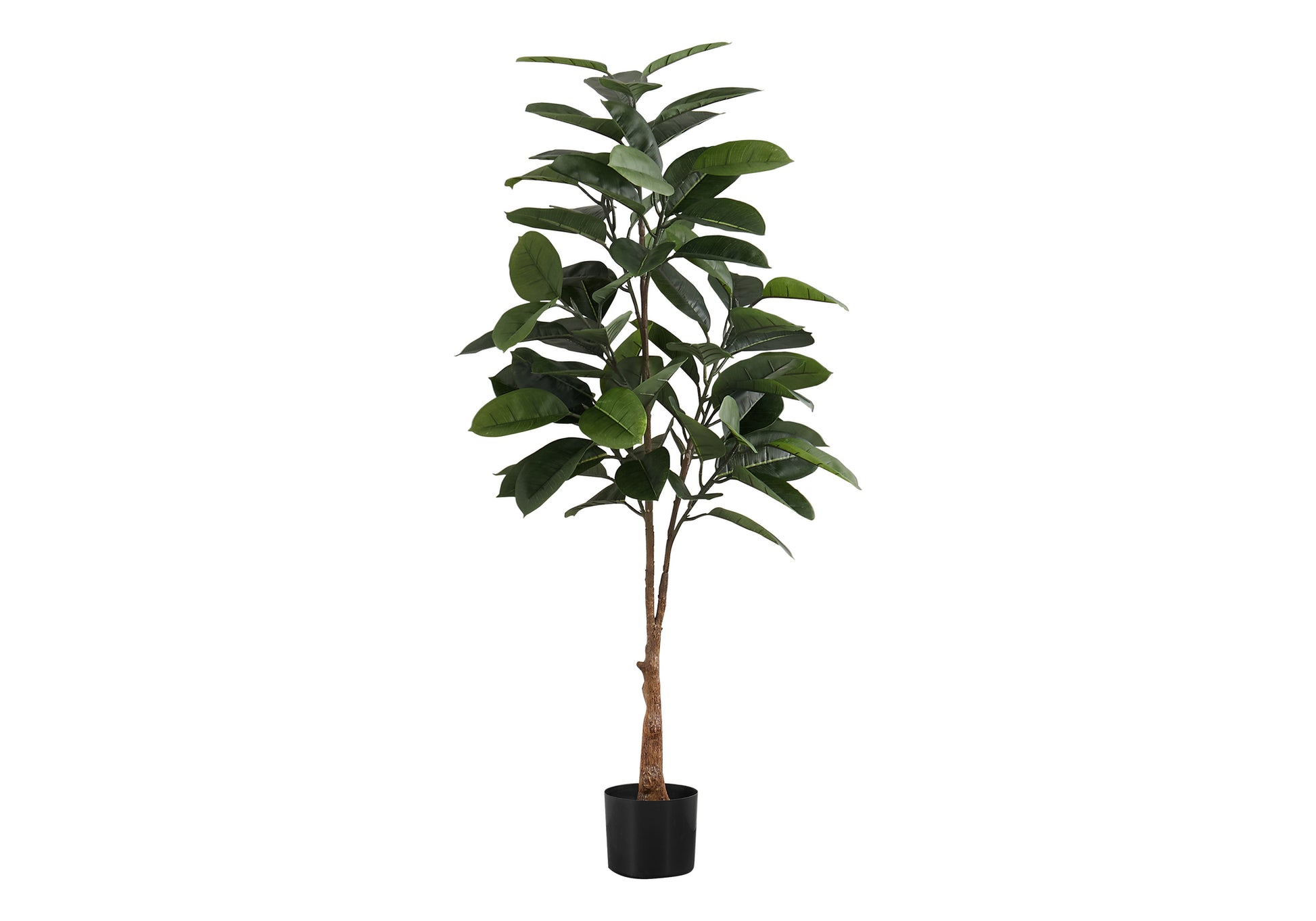 Tall artificial ficus tree with dark green leaves and a brown trunk in a black pot