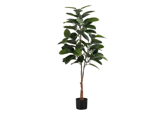 Tall artificial ficus tree with dark green leaves and a brown trunk in a black pot