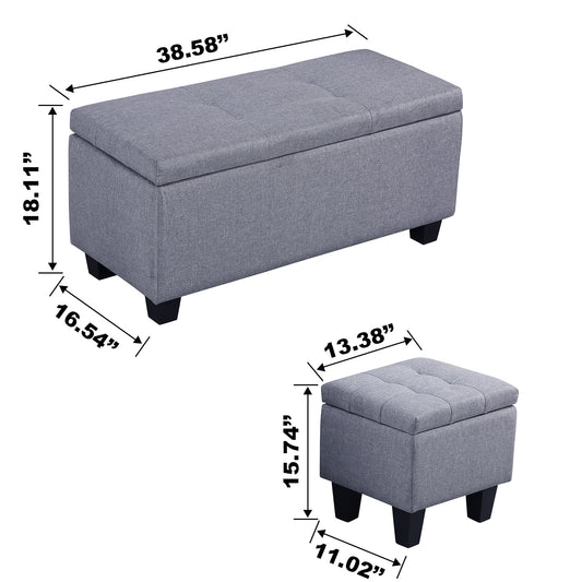 Tufted grey fabric storage ottoman with dark wooden legs