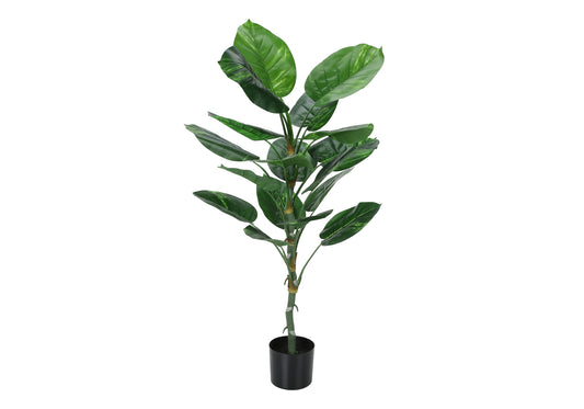 Tall artificial ficus tree with broad green leaves in a black pot