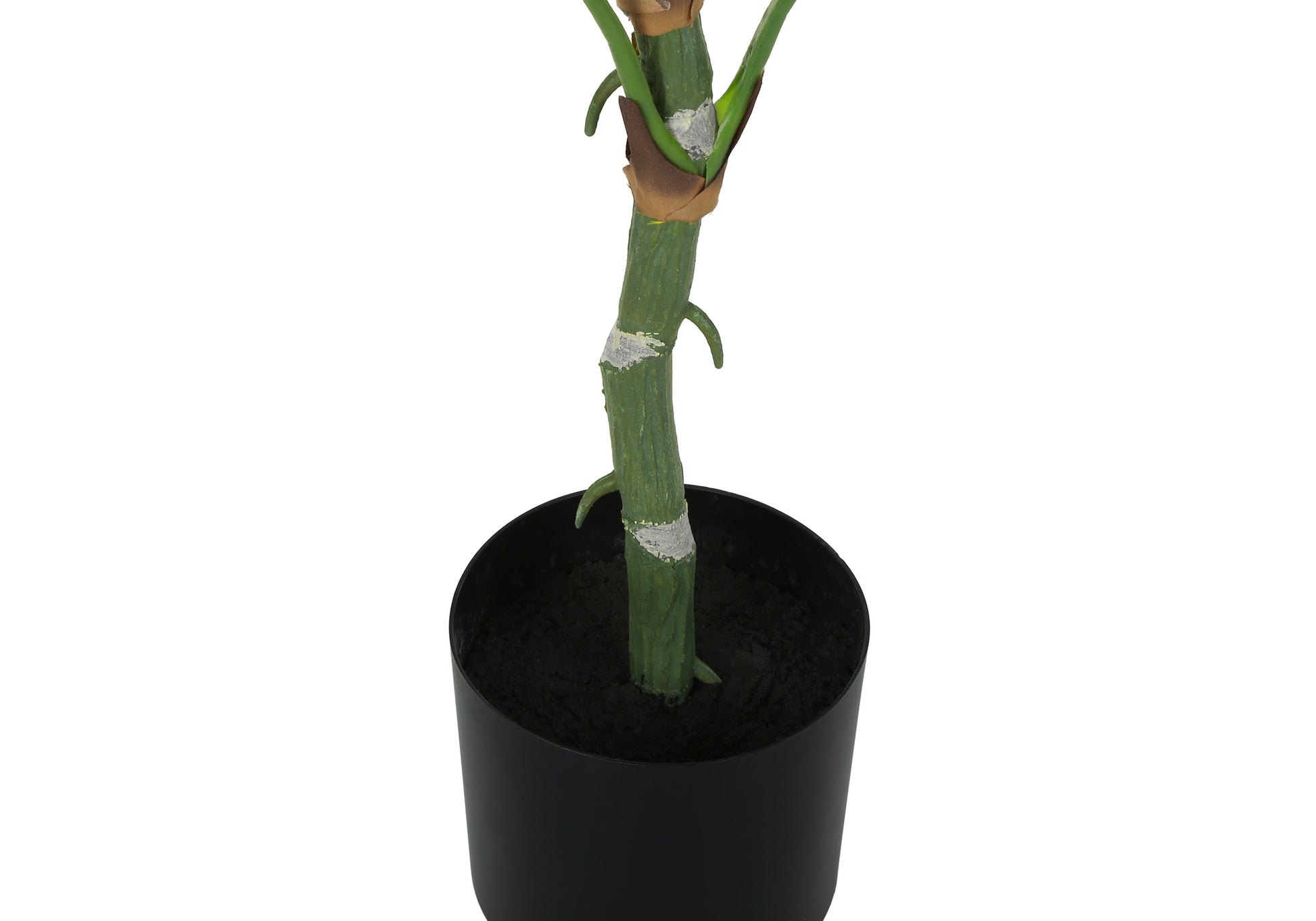 Closeup of a green artificial plant stem with nodes and brown wrapping in a black pot