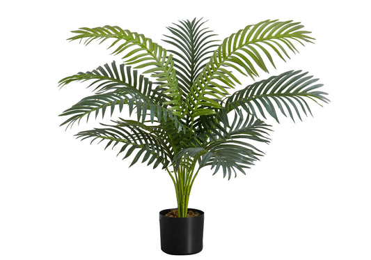 Artificial Kentia palm plant with lush green fronds in a black planter