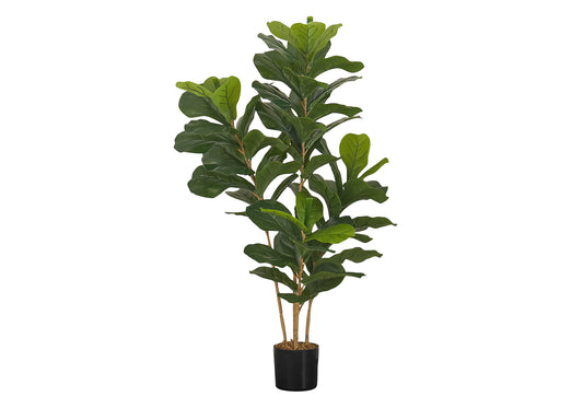 Tall artificial fiddle leaf fig tree with large green leaves and a black pot
