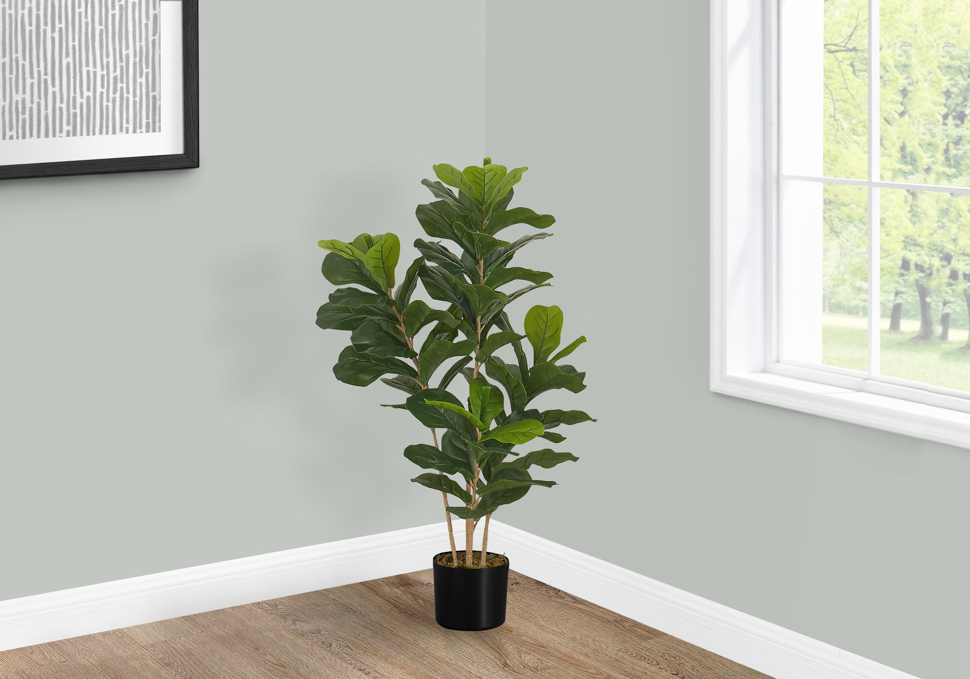 Realistic artificial fiddle leaf fig plant with large green leaves in a black pot