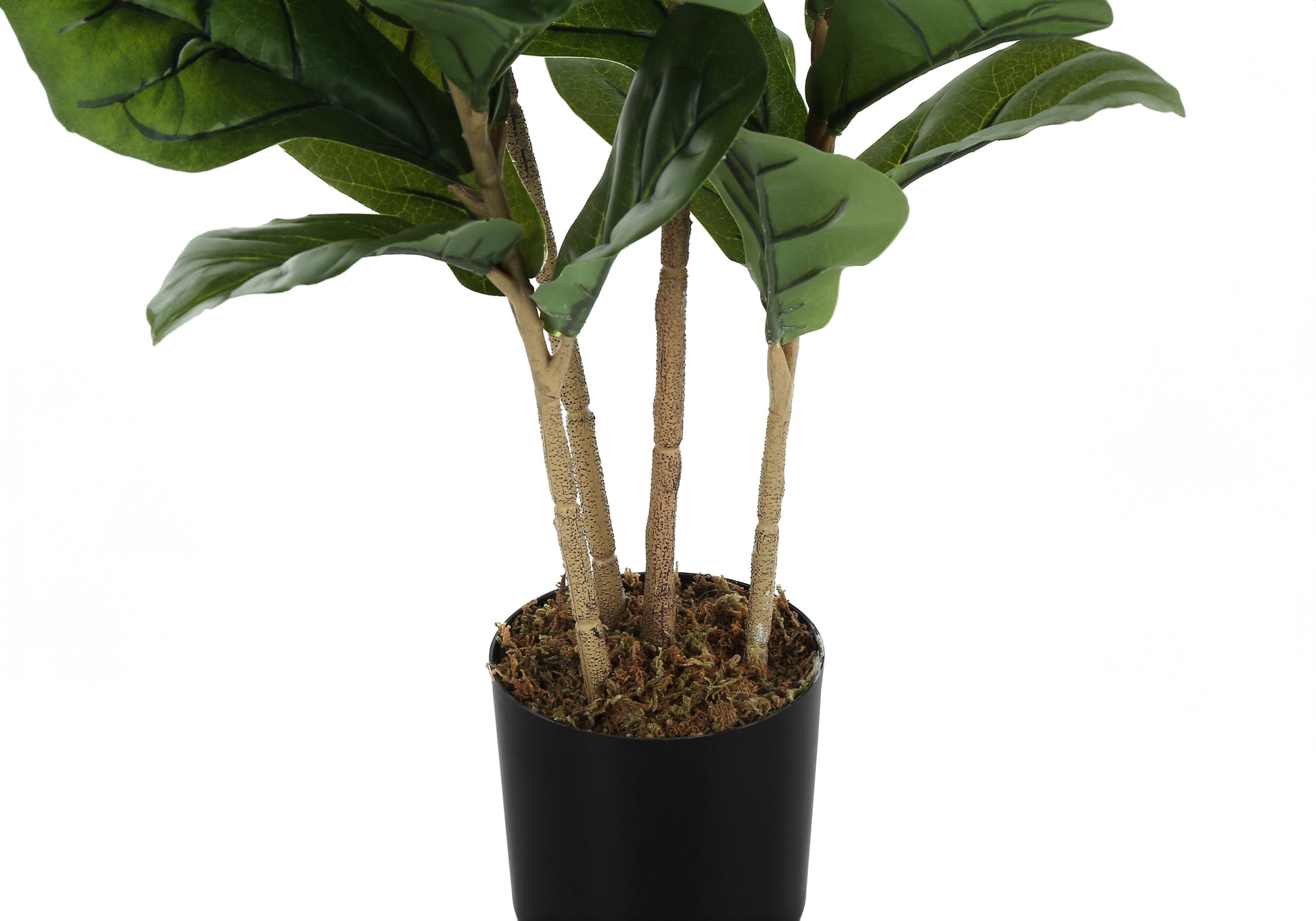 Realistic artificial fiddle leaf fig plant with large green leaves in a black pot
