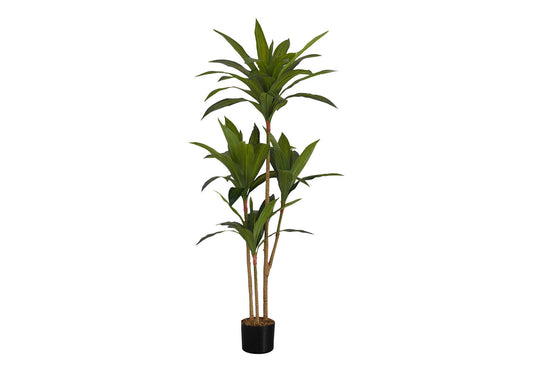 Tall artificial Dracaena plant with lush green leaves in a black pot