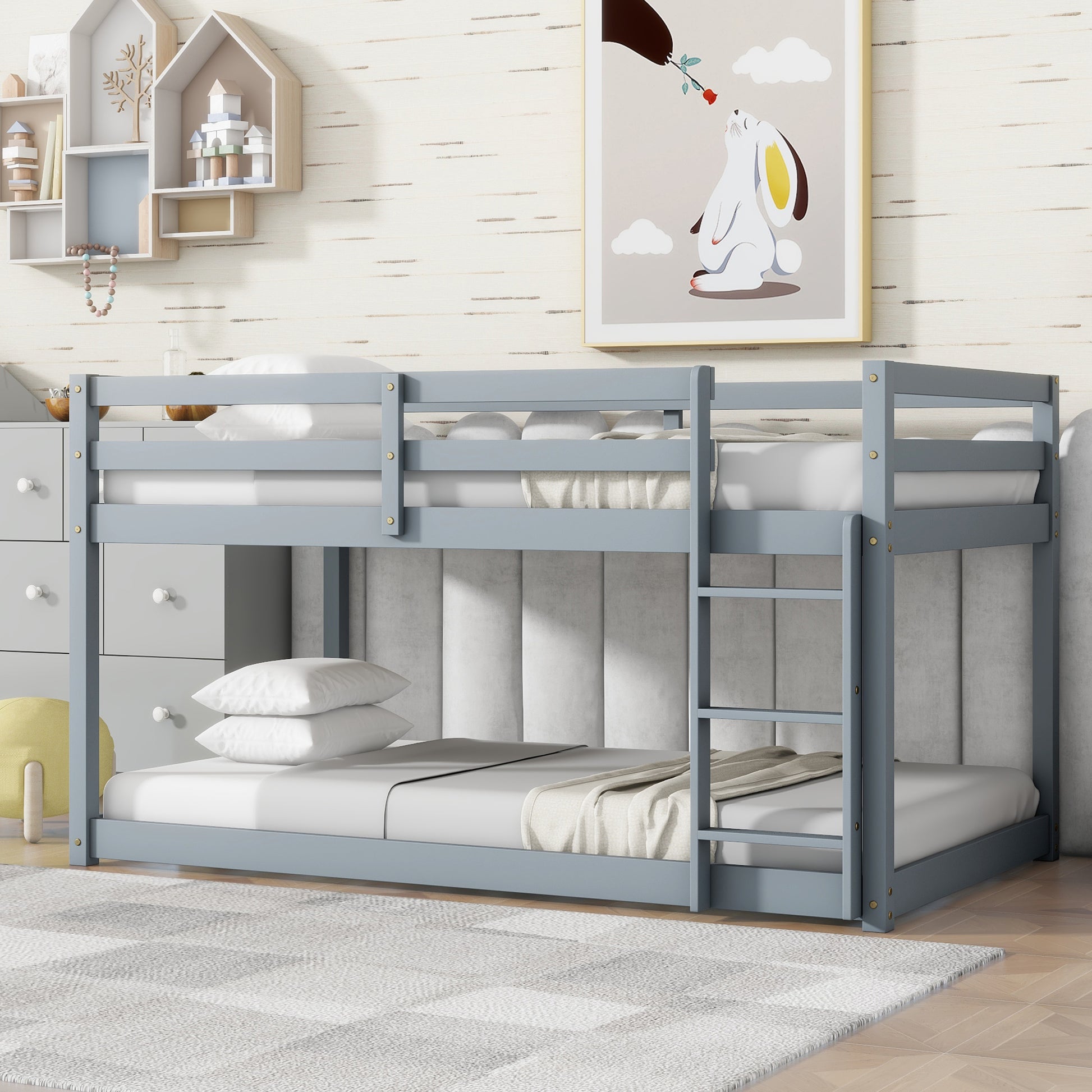 Gray wooden twin over twin bunk bed with ladder