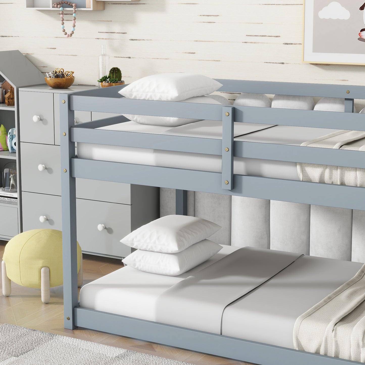 Gray wooden bunk bed with white bedding and pillows