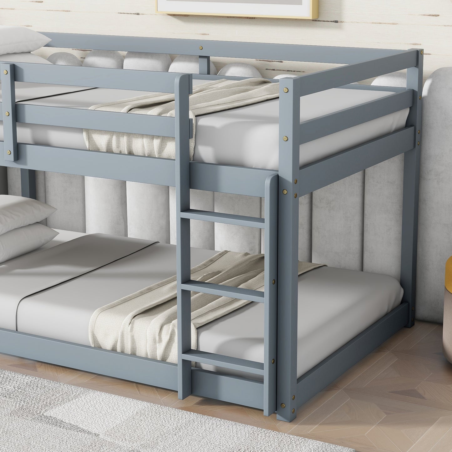 Gray wooden bunk bed with white bedding