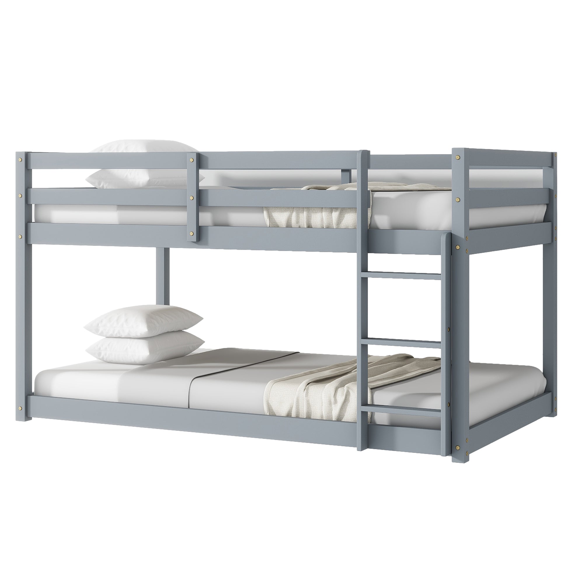 Gray wooden bunk bed with white pillows and bedding
