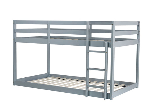 Gray wooden twin over twin bunk bed with ladder for kids room