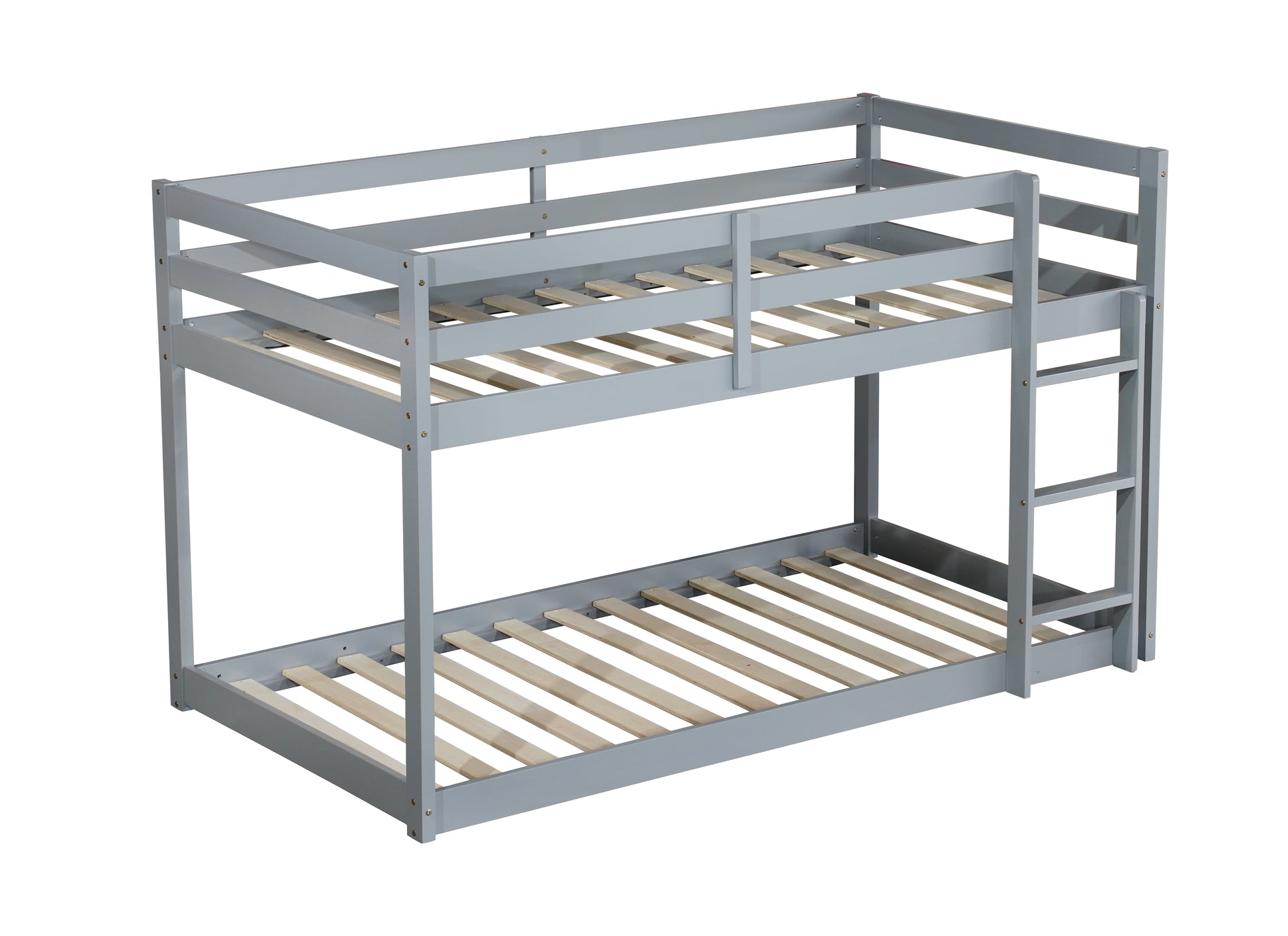 Gray wooden twin over twin bunk bed with ladder