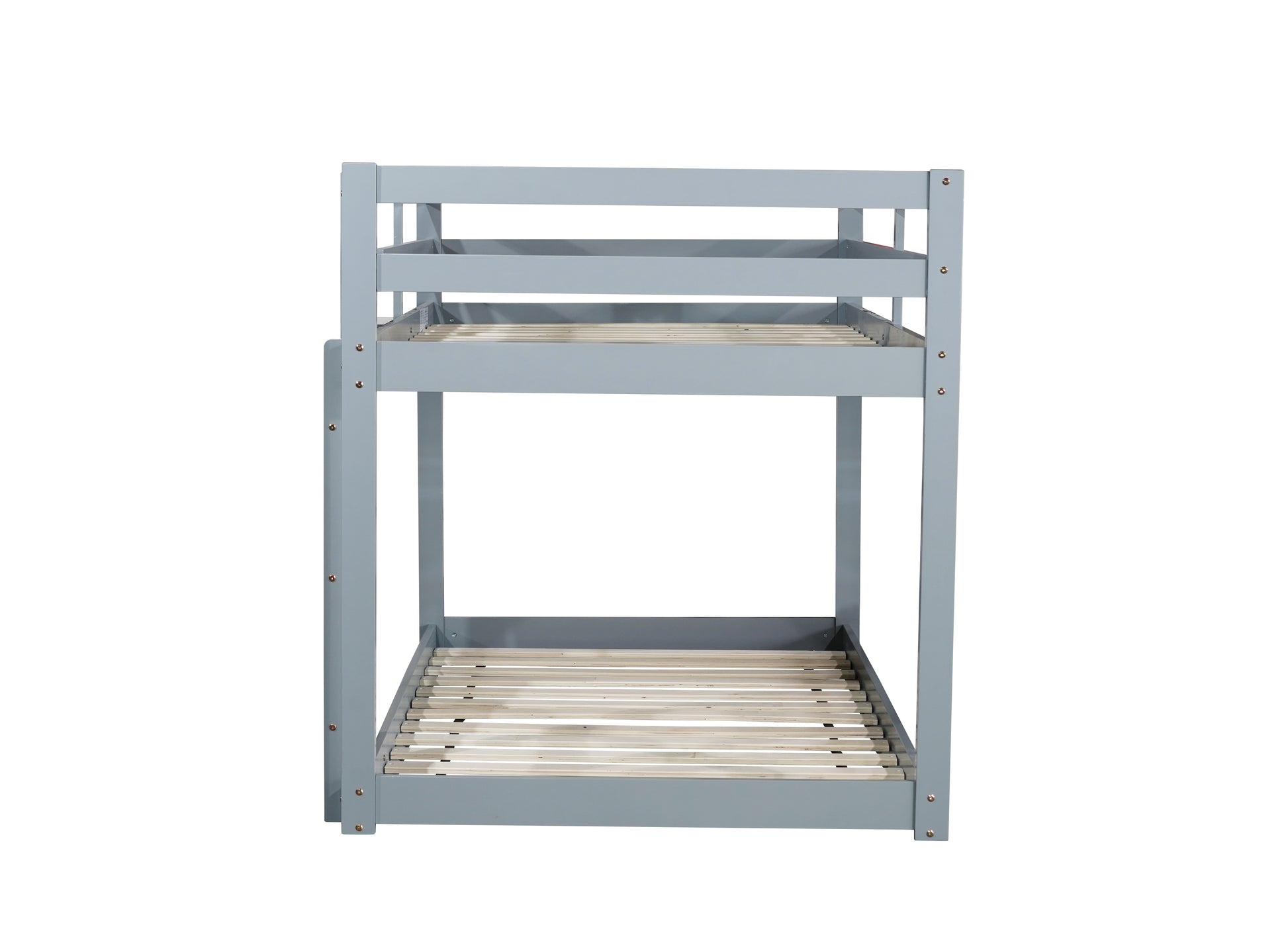 Gray wooden twin over twin bunk bed with slatted mattress supports
