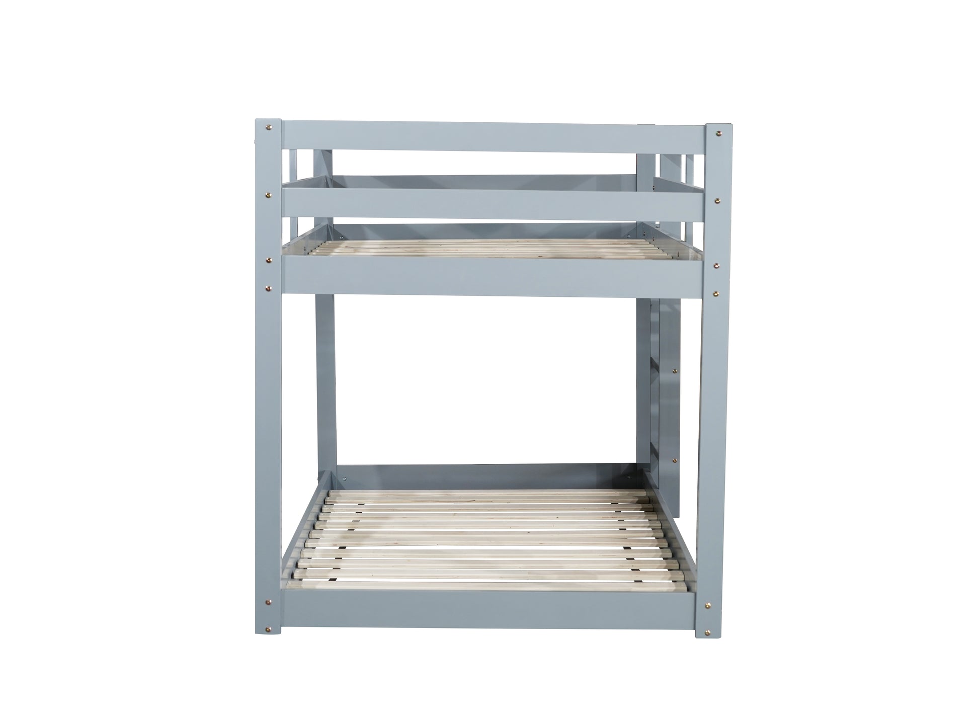 Gray wooden bunk bed with slatted mattress bases