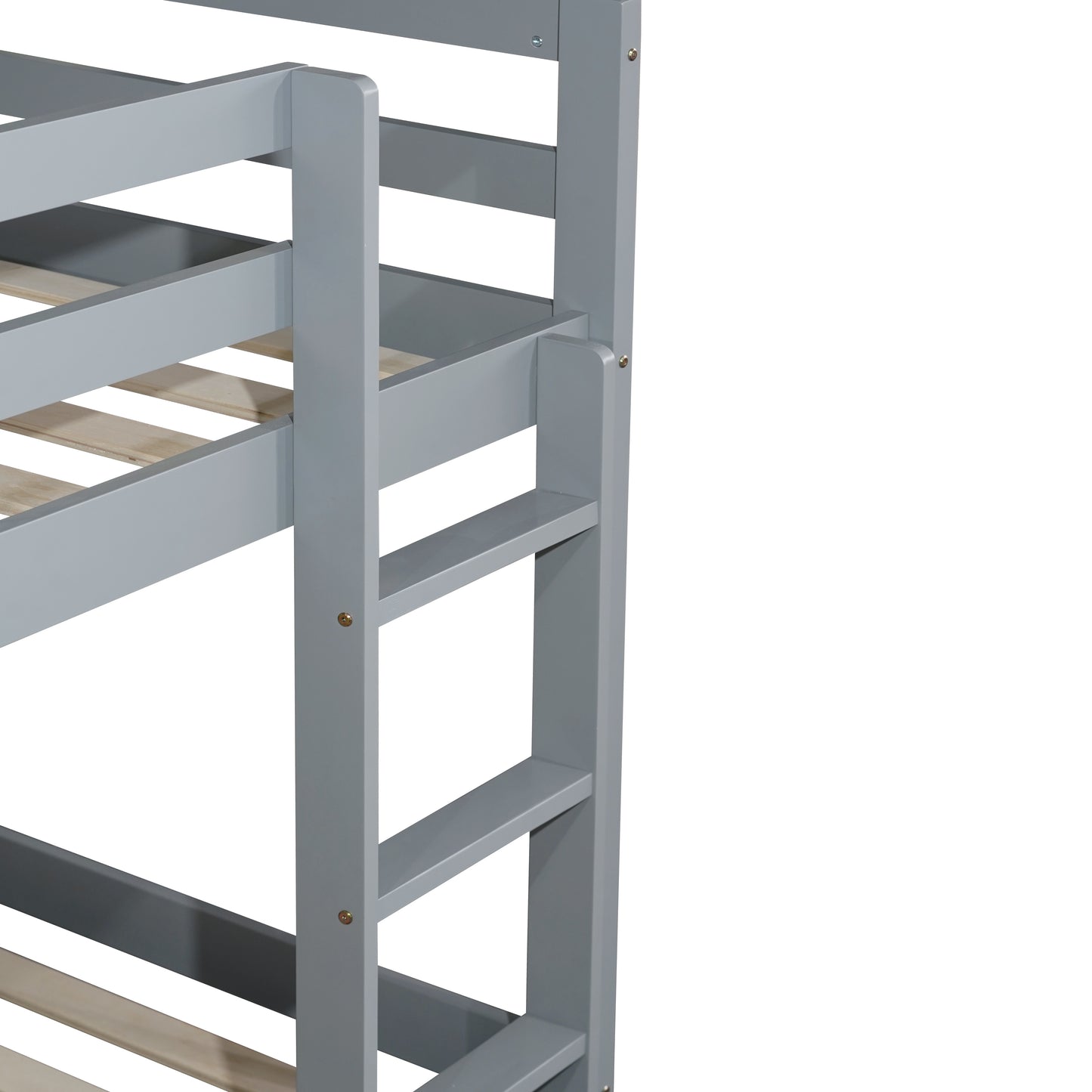 Gray wooden bunk bed frame with ladder detail and slatted base