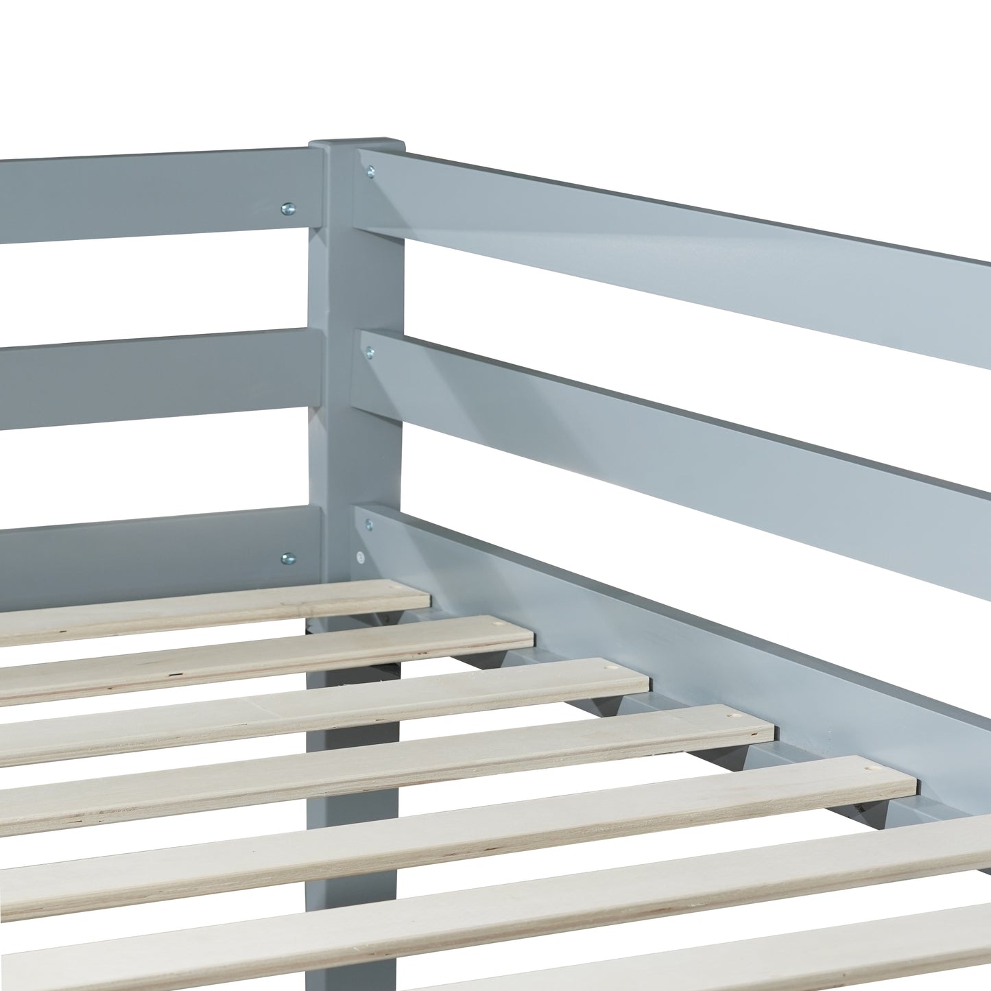 Closeup of a grey wooden bunk bed frame with natural wood slats